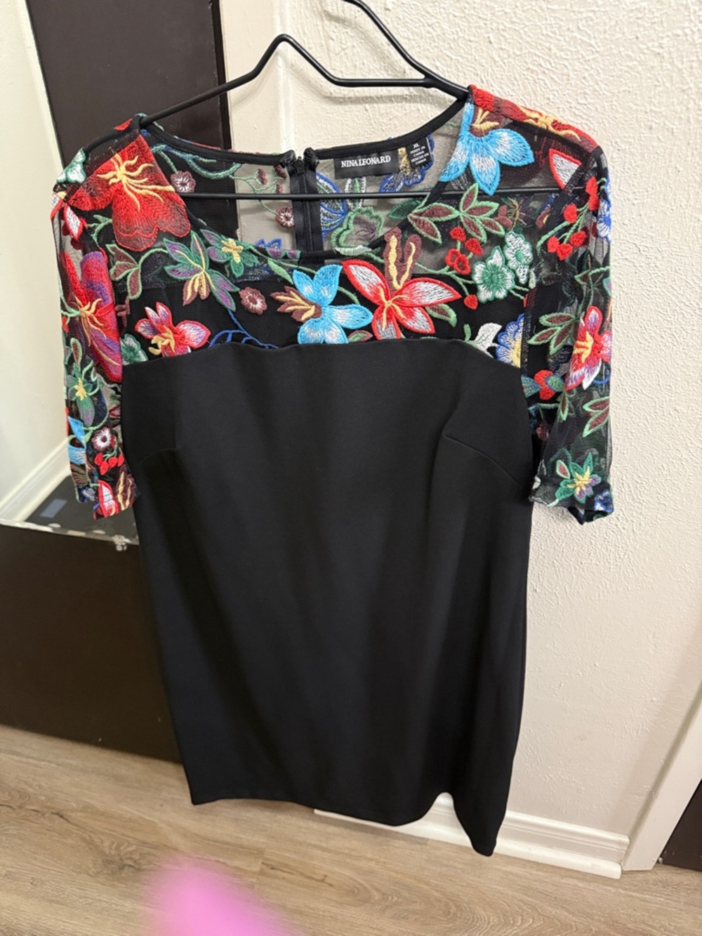 Nina Leonard Black Sheath Dress with Multicolor Floral Embroidered Mesh